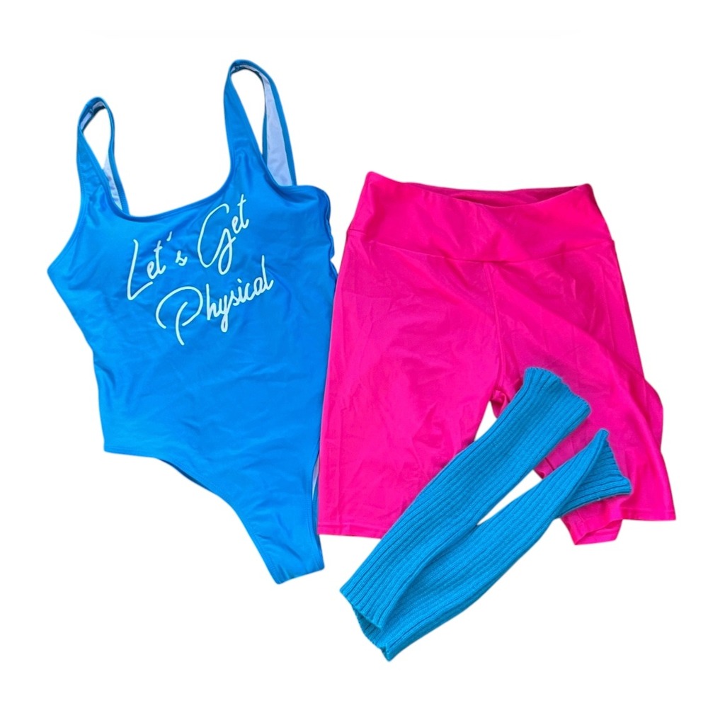 1980's 80's Outfit Costume Party LET'S GET PHYSICAL Leotard/Bikers/Leg Warmers M